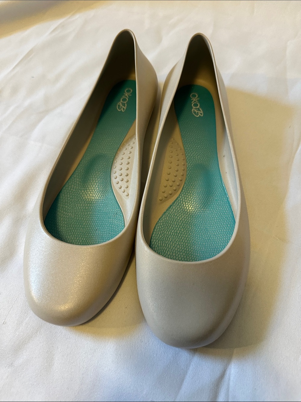 OKA b. taupe flats with teal insole